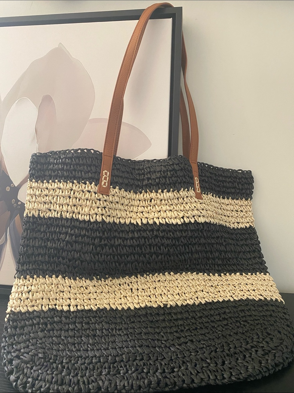 Large Black and Tan Raffia Tote